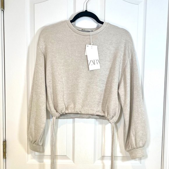 Zara Sweaters - Zara Beige Cropped Crewneck Sweater Tie-bottom M - NEW